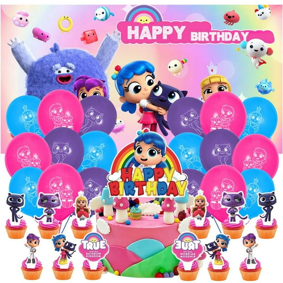 True and the Rainbow Kingdom Party Decor Decorations Birthday Set for Kids Supplies Kit Latex Balloons Cake Topper Fans Banner Backdrop