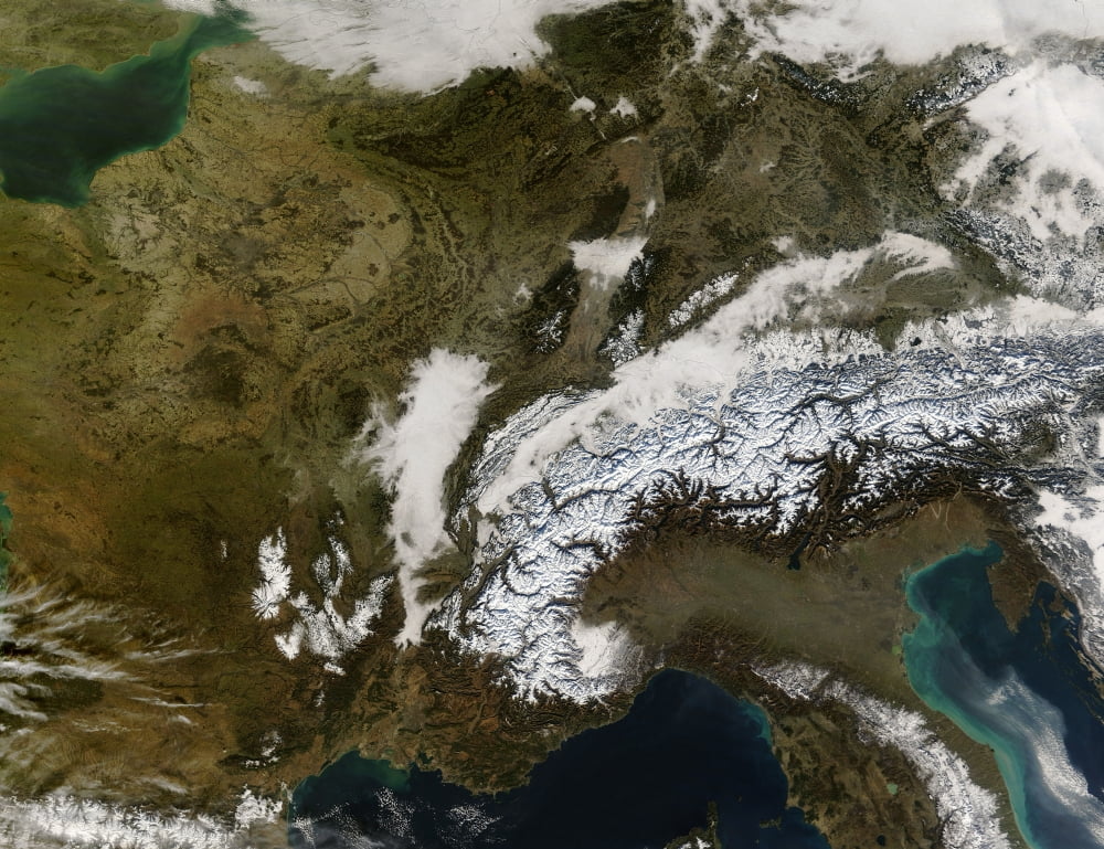 True-color view of snow fog and low clouds in western Europe Canvas Art - Stocktrek Images (32 x 24)