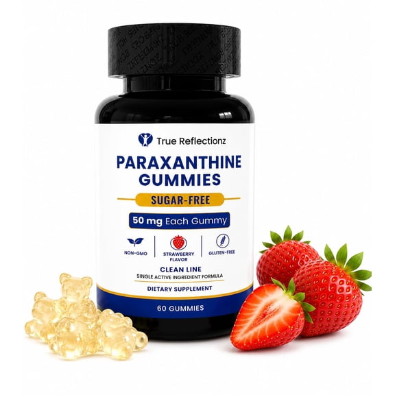 True reflectionz Paraxanthine Supplement Gummies, 100 mg Clean Energy & Focus, Caffeine Alternative Sugar-Free Strawberry Flavor, Single Active Ingredient, 60 Gummies, GMP Certified