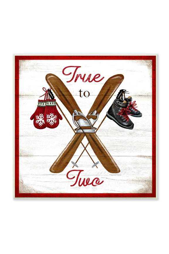 True to Two Ski Motivational Phrase Red Mittens 12 in x 12 in Framed Drawing Art Print, by Stupell Home Décor