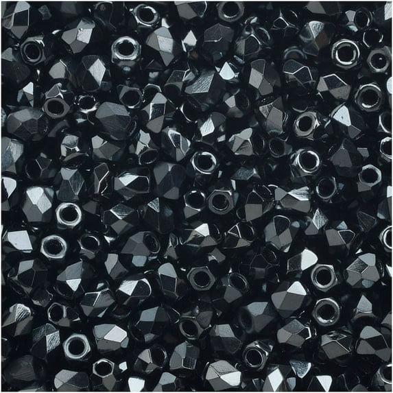 True2 Czech Fire Polished Glass, Faceted Round Beads 2mm, 50 Pieces, Jet Full Chrome Silver