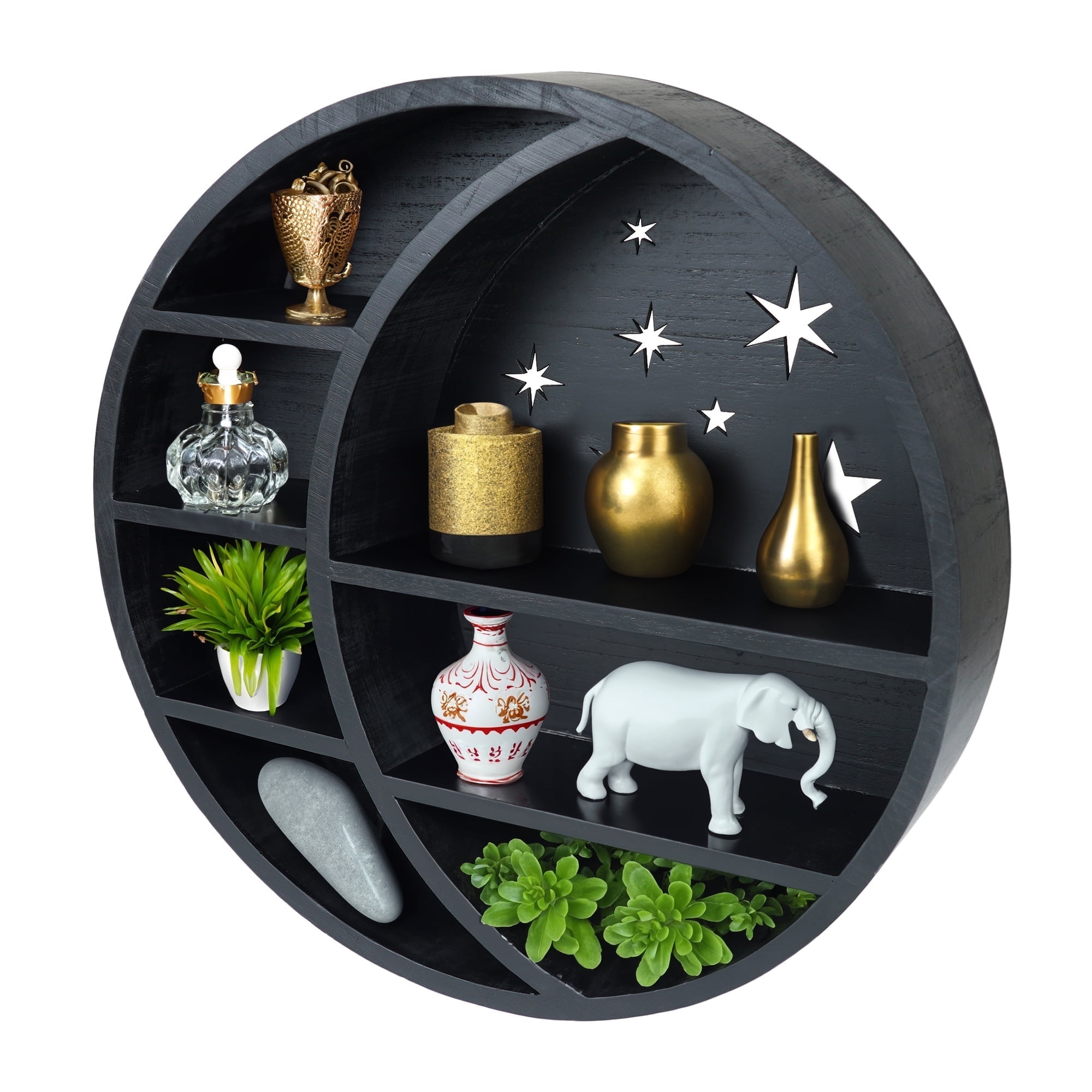 Black Wood 17-Inch Moon and Stars Floating Accent Shelf