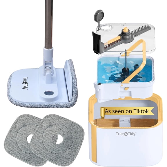 TrueClean Spin Mop 2.0 w/Detachable Inner Bucket, Self Standing, Separates Clean and Dirty Water, Foldable Square Head, Triple Jet Stream w/Hidden Brush, Replaceable 2pc Pads