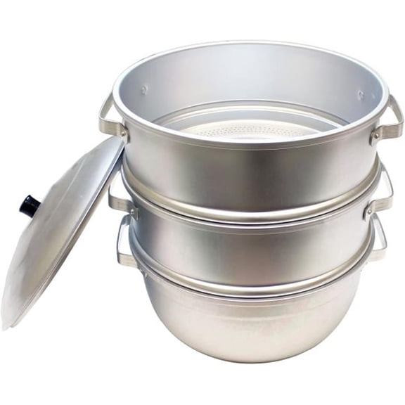 TrueCraftware- 11 1/2" x 14 1/2" Aluminum 3 Tier Steamer Set 1/8 hole size- Steamer Steaming Pot Multipurpose Steaming Pot Cookware for Vegetable Seafood Stock Sauce Food Soups Stews and Pas