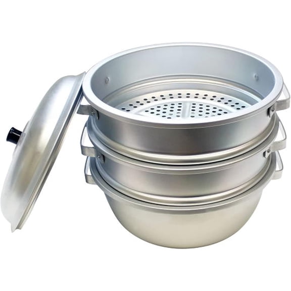 TrueCraftware- 11-3/8" x 12 1/2" Aluminum 3 Tier Steamer Set 3/8 hole size- Steamer Steaming Pot Multipurpose Steaming Pot Cookware for Vegetable Seafood Stock Sauce Food Soups Stews and Pas