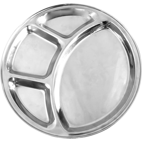 TrueCraftware- 12 1/2" Stainless Steel 4-Compartment Tray- Portion Control Plate Divided Plate Reusable Dinnerware Compartment Plate Dishwasher Safe Perfect for Dinner Dishes