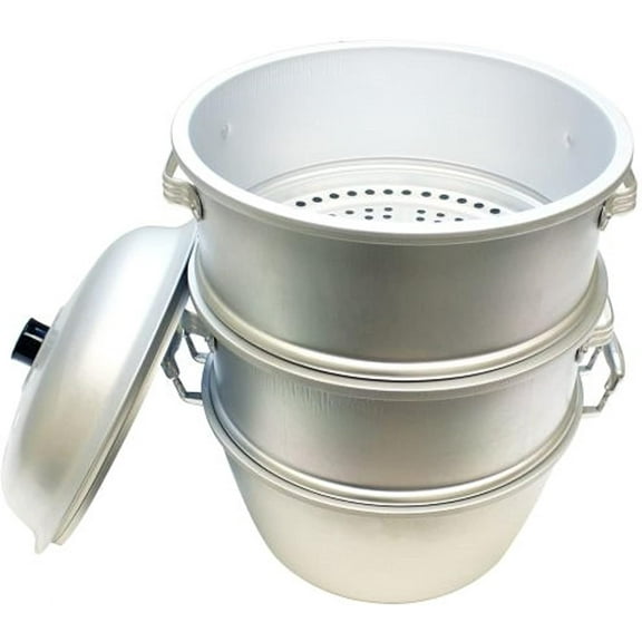TrueCraftware- 17" x 21-1/2" Aluminum 3 Tier Steamer Set 3/8 hole size- Steamer Steaming Pot Multipurpose Steaming Pot Cookware for Vegetable Seafood Dumpling Stock Sauce Food Soups Stews and Pasta