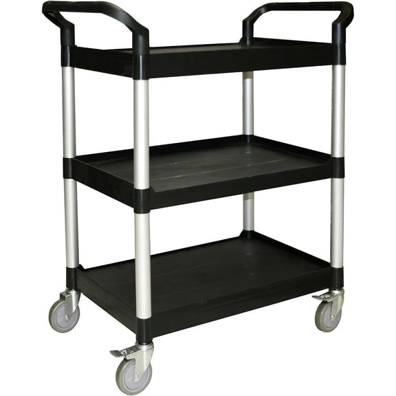 TrueCraftware- 3-Tier Black Plastic Utility Bus Cart with (2) 4" Locking Casters and (2) 4" Regular Casters 40-1/2" x 19-3/4" x 37-7/8"- Utility Push Cart for Foodservice Restaurant Cleaning