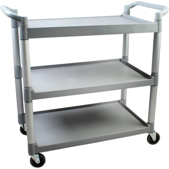 TrueCraftware- 3-Tier Gray Plastic Utility Bus Cart with (2) 4" Locking Casters and (2) 4" Regular Casters 40-1/2" x 19-3/4" x 37-7/8"- Utility Push Cart for Foodservice Restaurant Cleaning Workplace