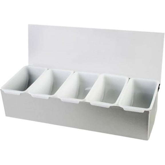TrueCraftware- 5 Compartment Condiment Dispenser Garnish Tray Bar Caddy Stainless Steel Body with Acrylic Hinged White Color Lid- Condiment Server Caddy Bar Garnish Holder Bar Accessories Fruit Salad