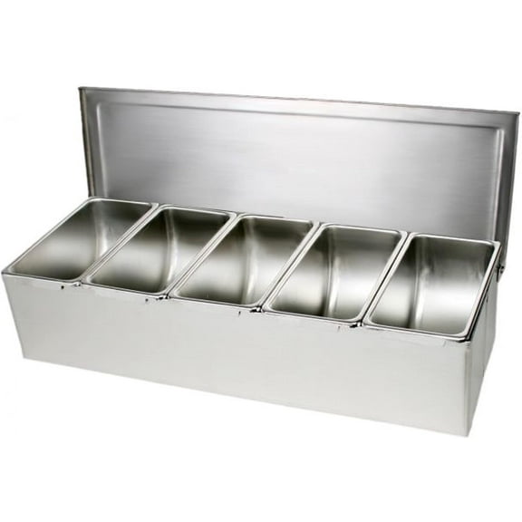 TrueCraftware- 5 Compartment Stainless Steel Condiment Bar (Open Bottom)- Condiment Dispenser Serving Container Garnish Tray Bar Caddy Condiment Server Caddy Garnish Holder for Home Work Restaurant