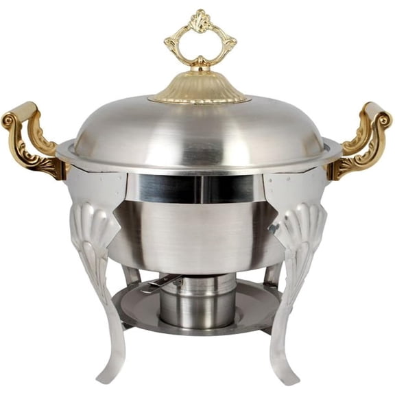 TrueCraftware- 5 Qt. Half Size Stainless Steel Round Chafing Dish with Brass Handles Complete Set- Food Warmer Chafers and Buffet Warmer Set for Catering Event Party Holiday Buffet Weddings Catering