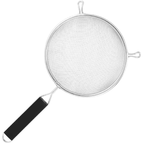 TrueCraftware- 8-Inch Single Medium Mesh Strainer Stainless Steel 6-1/2" Handle Length Black Plastic Handle- Kitchen Utensil Food Strainer Skimmer Spoon for Cooking Sieve Sifters Pasta Fruits