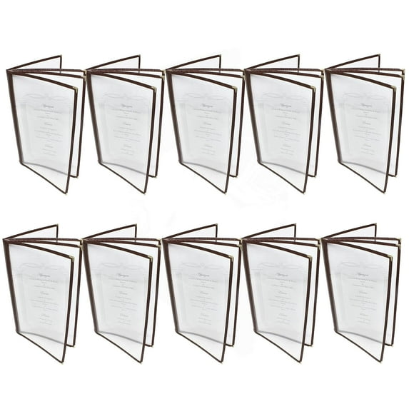 TrueCraftware-Set of 10 Brown 8-1/2” x 14” Four Page Book Fold Restaurant Menu Covers 4 Page 8 View Crystal Clear Menu Folder Menu Book Holders for Bar Café Restaurant Book