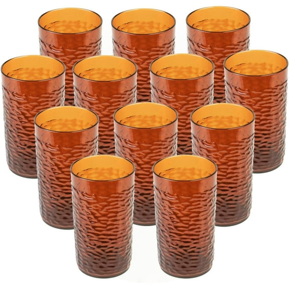TrueCraftware- Set of 12 Amber 16 oz Pebble Tumbler Drinking Glasses- Reusable Premium Water Iced Tea Glasses Dishwasher Safe Break-Resistant for Home and Restaurants
