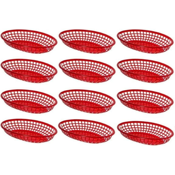 TrueCraftware-Set of 12 Red Plastic Oval Fast Food Baskets 9 3/8" X 5-3/8"- Oval Shaped Tray for Fast Food Restaurant Supplies Deli Serving Chicken Burgers Sandwiches & Fries