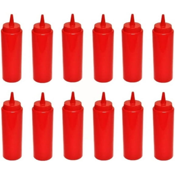 TrueCraftware- Set of 12 Squeeze Condiment Dispensing Bottles 24 oz Red- Plastic Squeeze Bottle For Sauces Spreads Ketchup Mustard Mayo Hot sauces and Olive oil