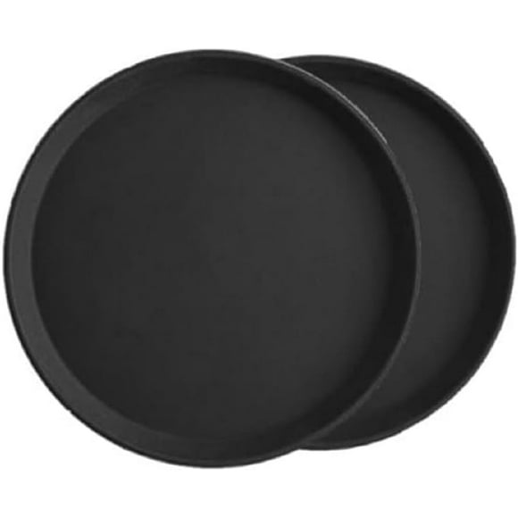 TrueCraftware- Set of 2 Round 14" Serving Tray Fiberglass Black- Non Slip Surface Service Trays Round Tray Plastic Food Meals Server Tray for Home Kitchen Restaurant Cafeteria Bar Hotel