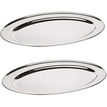 TrueCraftware- Set of 2 Stainless Steel 18” Oval Platter- Serving Platters for Appetizer Snack Fruit Cup Cake Server Tray Display Serving Dishes for Entertaining