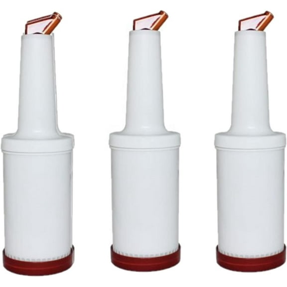 TrueCraftware- Set of 3 Brown 1 qt Pour and Store Fruit Juice and Liquor Pour Bottles- Juice Pouring Bottle Containers Bar Pour Bottles Plastic Juice Pour Bottles Plastic Barware for Bars & Event