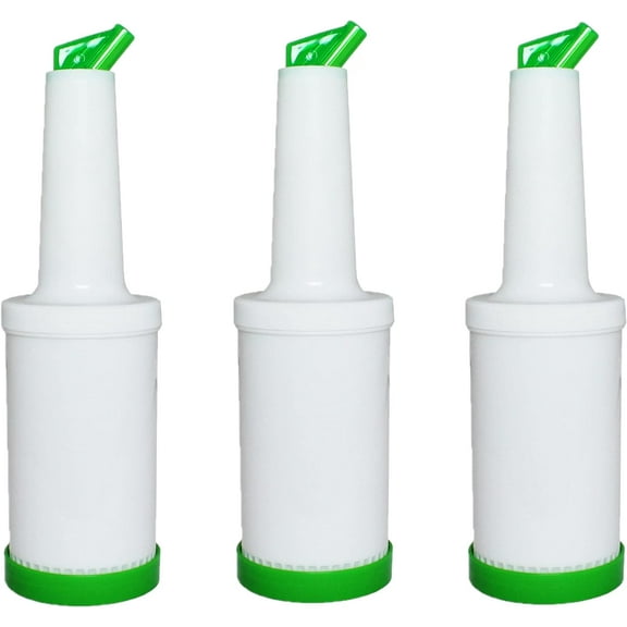 TrueCraftware- Set of 3 Green 1 qt Pour and Store Fruit Juice and Liquor Pour Bottles- Juice Pouring Bottle Containers Bar Pour Bottles Plastic Juice Pour Bottles Plastic Barware for Bars & Event