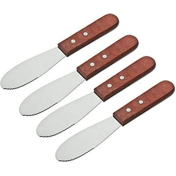 TrueCraftware- Set of 4 Straight Edge Wide Butter Spreader 7 Stainless Steel with Wood Handle- Deluxe Sandwich Cream Cheese Condiment Knives Set Kitchen Tools
