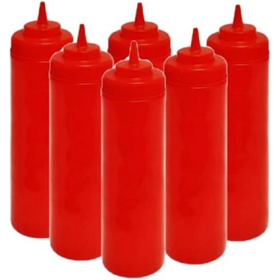 TrueCraftware- Set of 6 Squeeze Condiment Wide Mouth Dispensing Bottles 24 oz Red- Plastic Squeeze Bottle For Sauces Spreads Ketchup Mustard Mayo Hot sauces and Olive oil