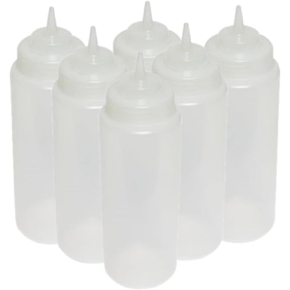 TrueCraftware- Set of 6 Squeeze Condiment Wide Mouth Dispensing Bottles 32 oz Clear- Plastic Squeeze Bottle For Sauces Spreads Ketchup Mustard Mayo Hot sauces and Olive oil