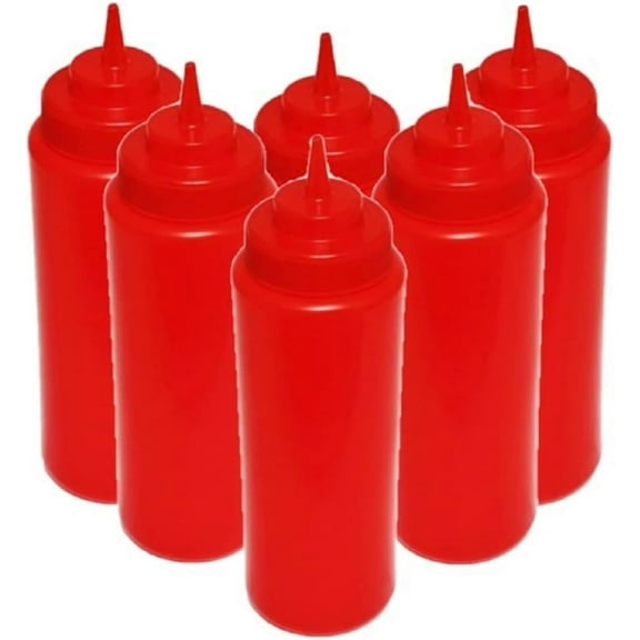 TrueCraftware- Set of 6 Squeeze Condiment Wide Mouth Dispensing Bottles 32 oz Red- Plastic Squeeze Bottle For Sauces Spreads Ketchup Mustard Mayo Hot sauces and Olive oil