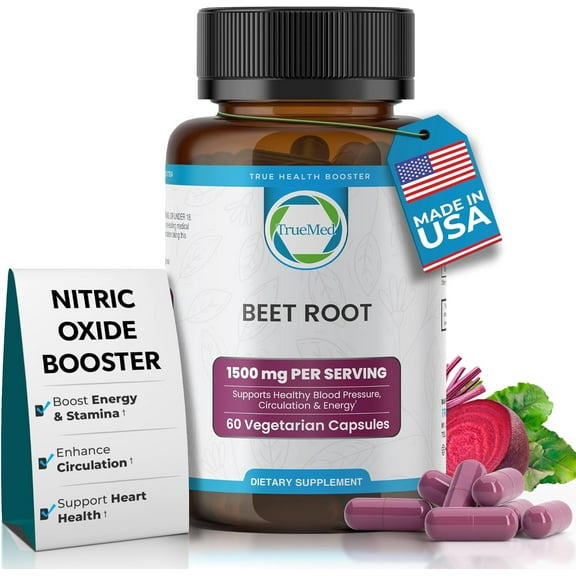 TrueMed Organic Beet Root Capsules 1500 mg, Beetroot Supplement for Circulation Support & Energy Support, Vegan, Non-GMO, 60 Capsules