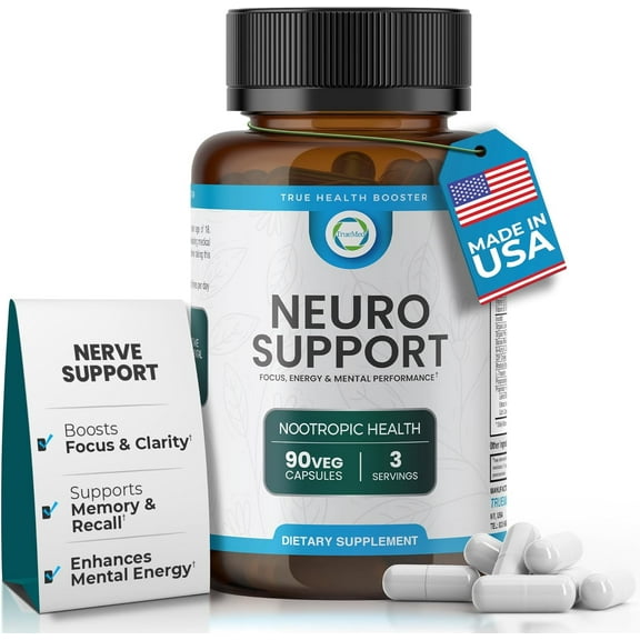 TrueMed Neuro Support Brain Health Supplement with Vitamins & Herbal Extracts for Focus, Memory & Mental Clarity | Caffeine Free | 90 Veg Capsules