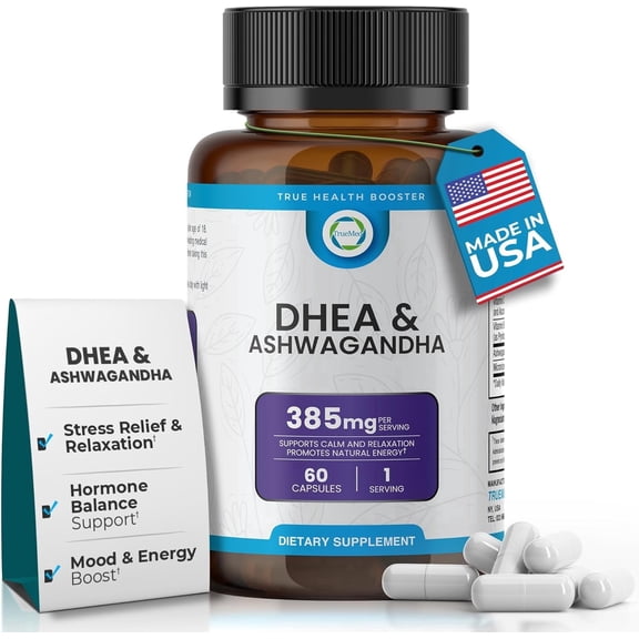 TrueMed DHEA & Ashwagandha Supplement 385mg – 250mg Ashwagandha, 10mg Micronized DHEA, Vitamin C & B6 – Supports Relaxation, Natural Energy & Balanced Mood – 60 Vegan Capsules