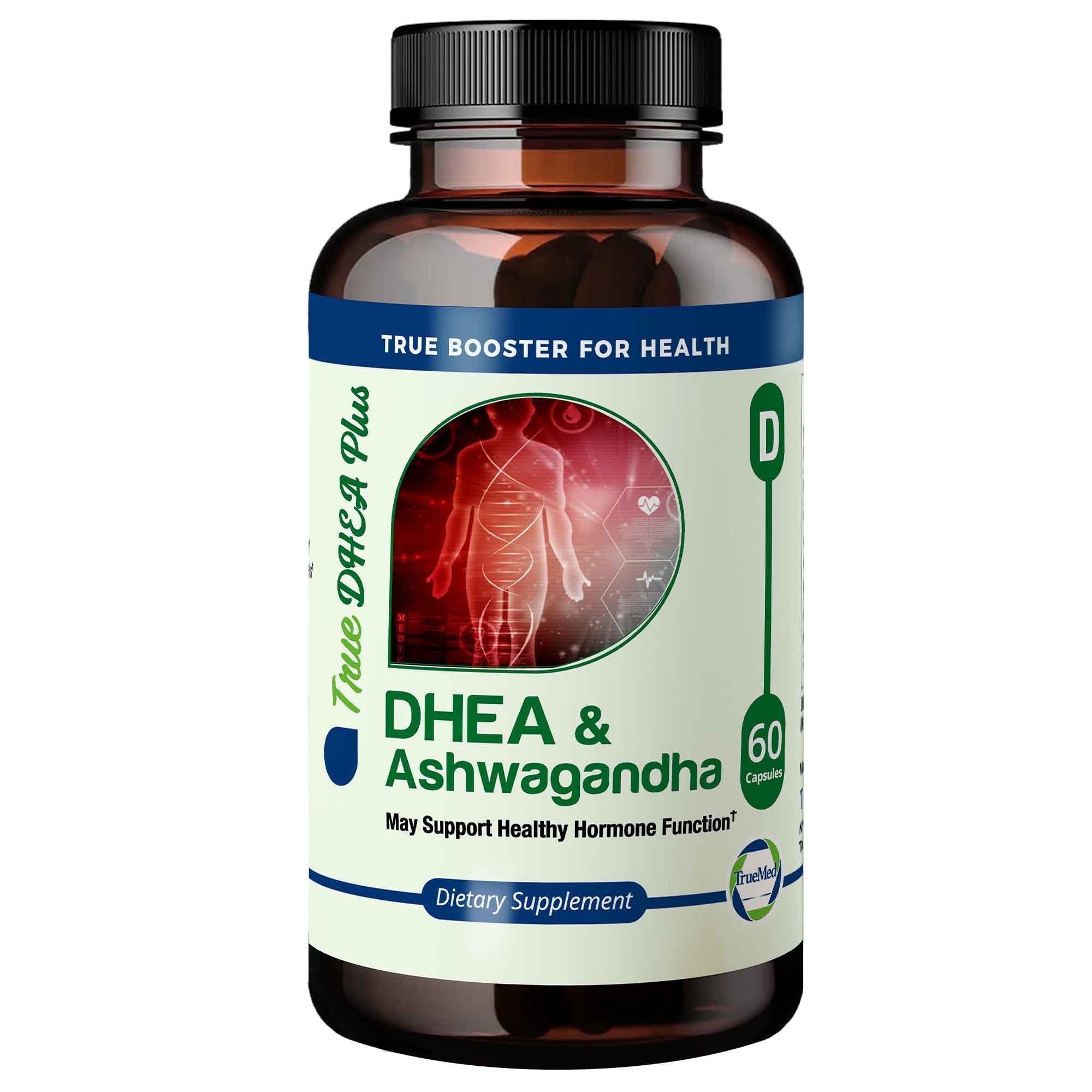 TrueMed DHEA & Ashwagandha Supplement 385mg Formula with 250mg Ashwagandha & 10mg Micronized DHEA Supports Relaxation, & Natural Energy Helps Maintain Relaxed Response Vitamin C & B6 60 Capsules
