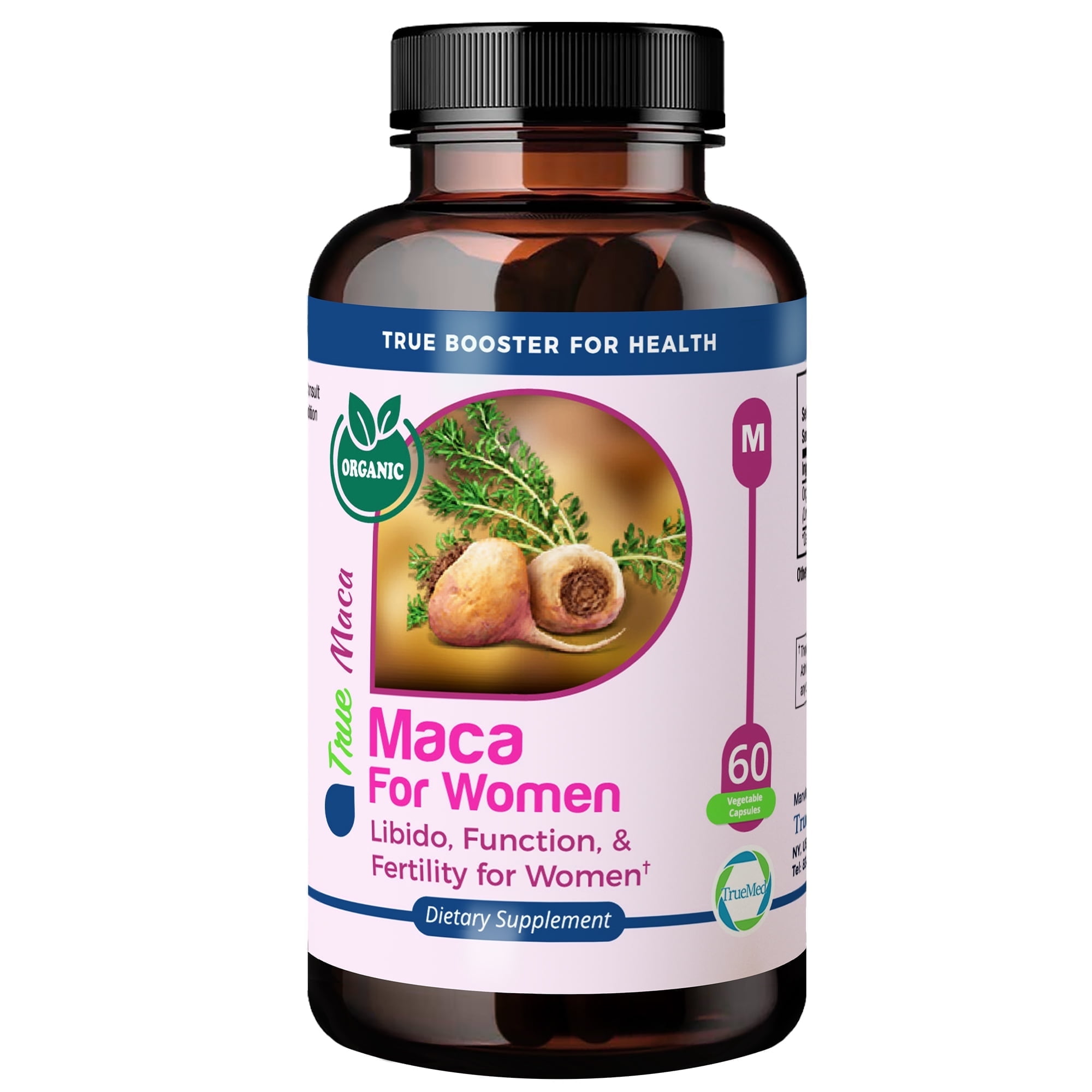 TrueMed Maca for Women Libido, Function and Fertility Organic Gelatinized Powder 60 Capsules
