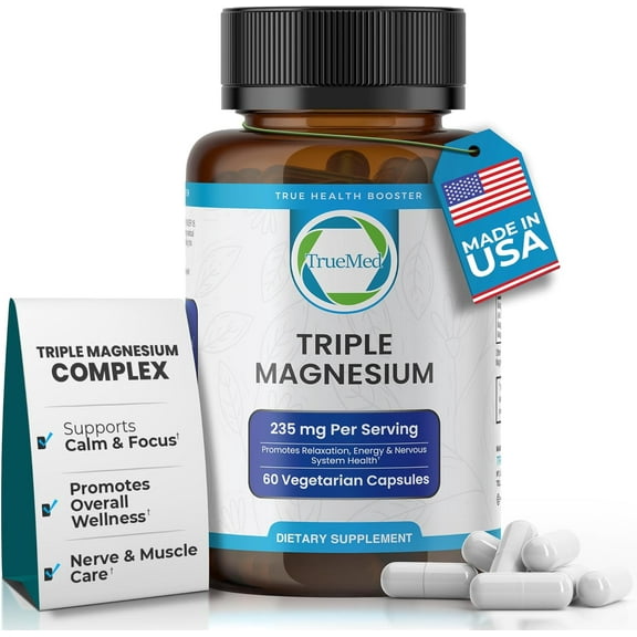 TrueMed Triple Magnesium Complex 235mg Supports Muscle, Nerve & Bone Health, Energy, Relaxation & Sleep 60 Veg Capsules with Citrate, Malate & Lysinate Chelate