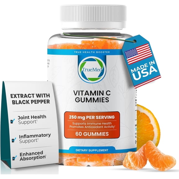 TrueMed Vitamin C Gummies 250 mg Immune Support Supplement with Zinc & Probiotics, Chewable Vitamin C for Adults, Non-GMO, Gluten Free, 60 Count
