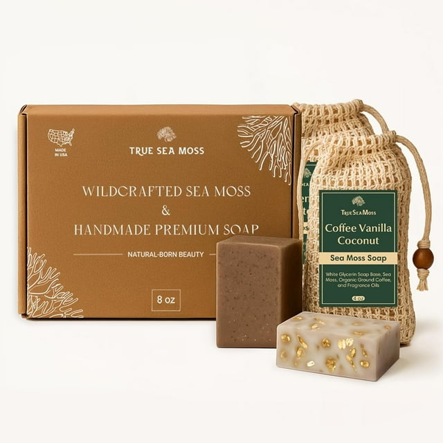 TrueSeaMoss Detoxifying Sea Moss Soaps for Sensitive Face and Body Skin (2 pack, Coffee Vanilla Coconut & Oatmeal Honey)