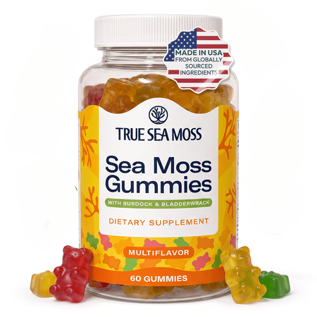 TrueSeaMoss Irish Sea Moss Gummies with Burdock Root & Bladderwrack – Multiflavor Vegan Seamoss Supplement for Women, Men & Kids – 60 Sea Moss Gummies