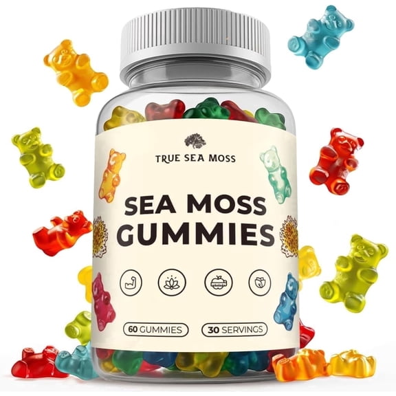 TrueSeaMoss Irish Sea Moss Gummies with Burdock Root & Bladderwrack Multiflavor Vegan Seamoss Supplement for Women, Men & Kids 60 Sea Moss Gummies
