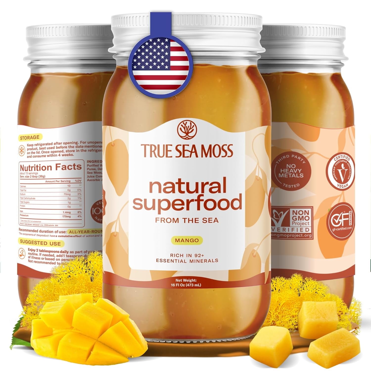 TrueSeaMoss Mango Wildcrafted Irish Sea Moss Gel Organic Raw Antioxidant Nutritional Supplements, 16 fl oz.