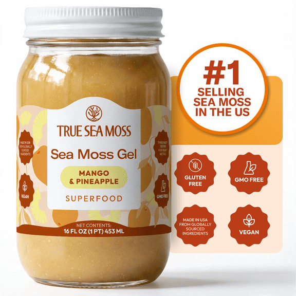TrueSeaMoss Mango and Pineapple Wildcrafted Irish Sea Moss Gel Organic Raw Antioxidant Nutritional Supplements, 16 oz.