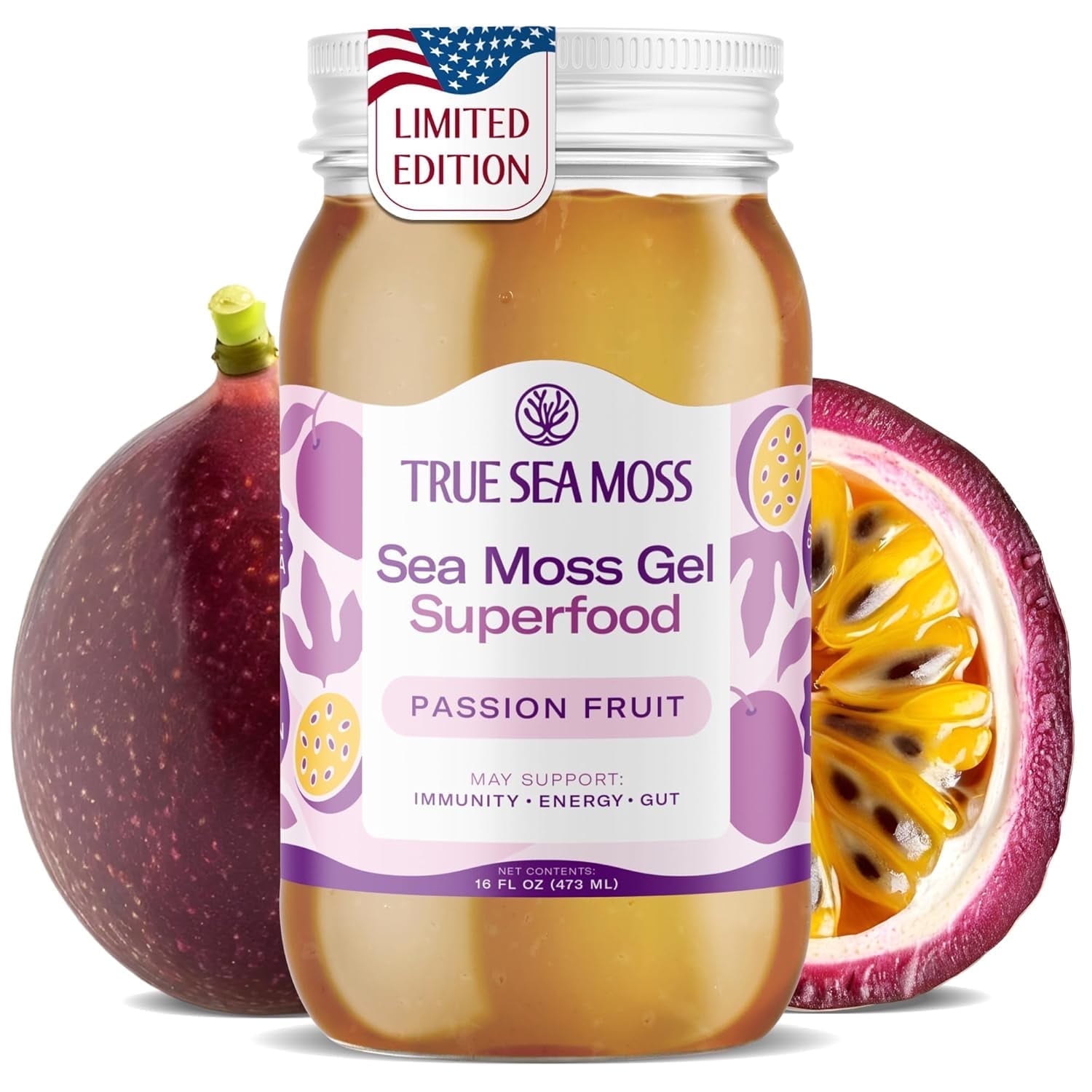 TrueSeaMoss Wildcrafted Irish Sea Moss Gel Superfood - Passion Fruit, Pack of 1 Organic Seamoss - Made in USA