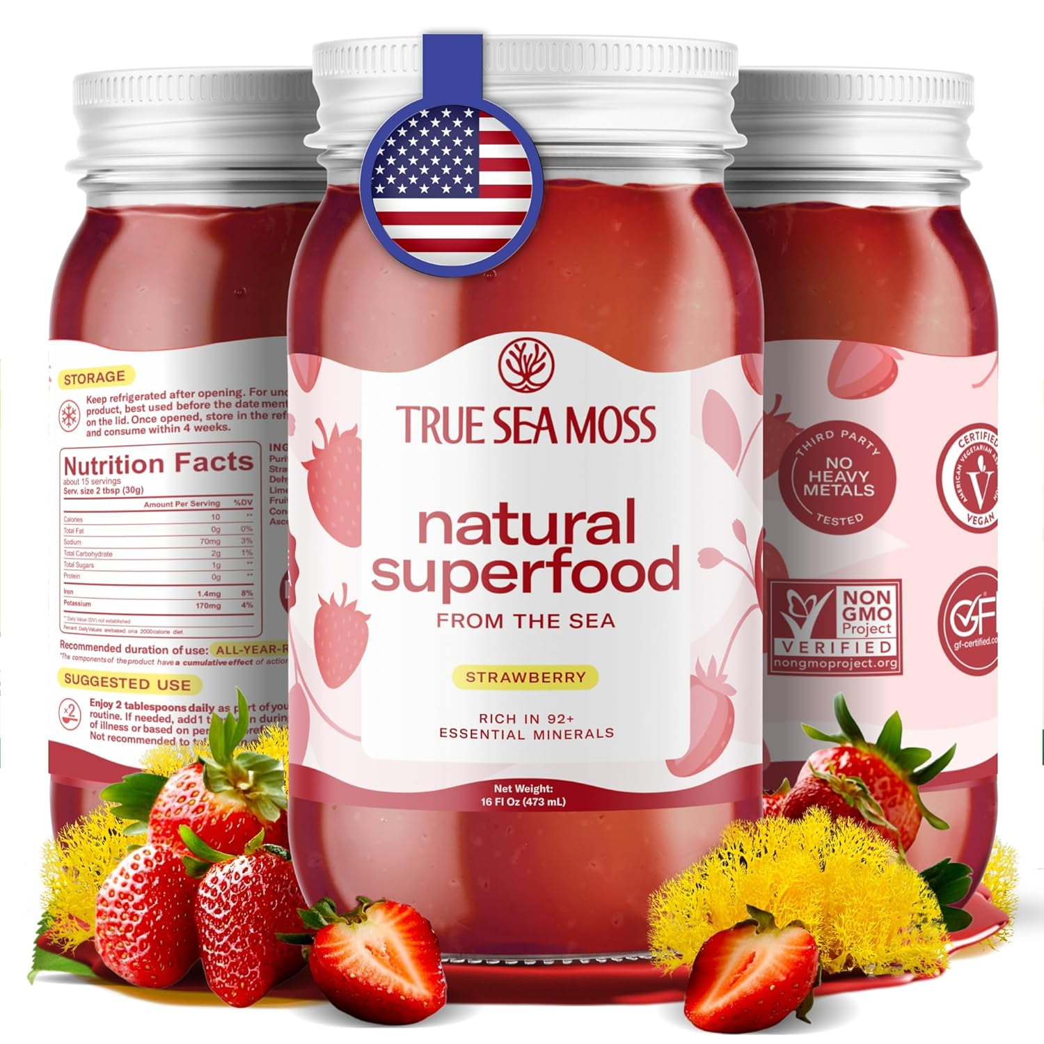 TrueSeaMoss Strawberry Sea Moss Wildcrafted Irish Gel Antioxidant Nutritional Supplements, 16 oz.