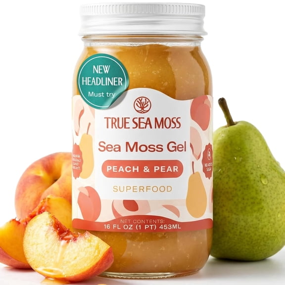 TrueSeaMoss Wildcrafted Irish Sea Moss Gel  Pear&Peach, 1 Pack, Natural Seamoss  16 fl oz Flavored Seaweed Snack