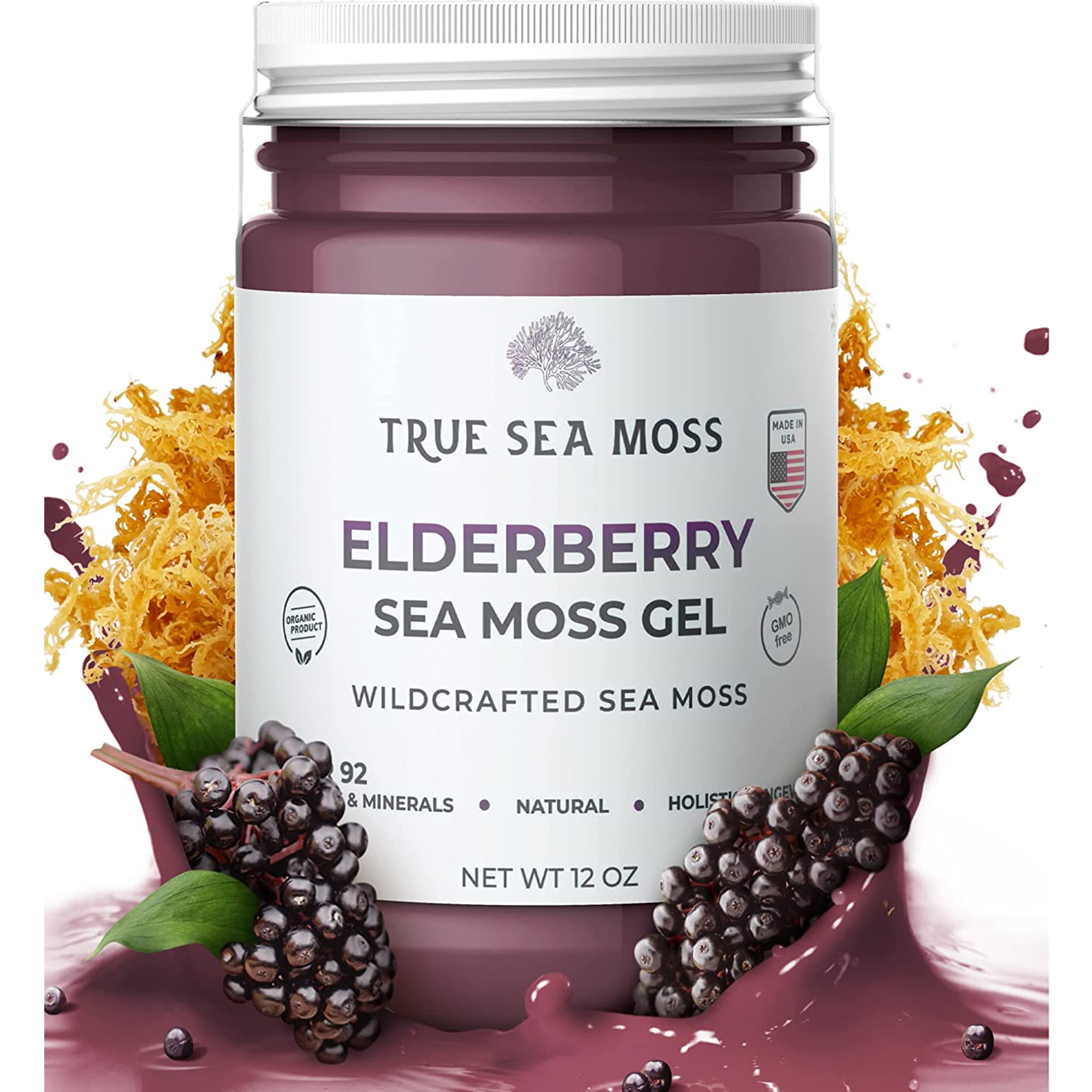 TrueSeaMoss Wildcrafted Irish Sea Moss Gel Supplement with Elderberry, 12 Oz