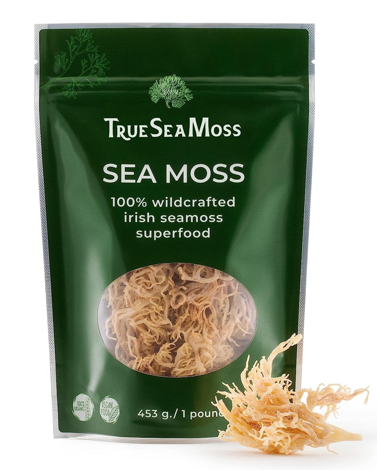 TrueSeaMoss Wildcrafted Irish Sea Moss, Raw Sun Dried Seaweed, 16 Oz