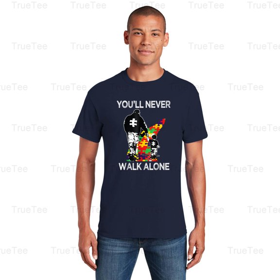 TrueTee10 Autism Dad Support You'll Never Walk Alone Puzzle Piece Advocate Proud Father T-Shirt, for Unisex, up to size 5XL.