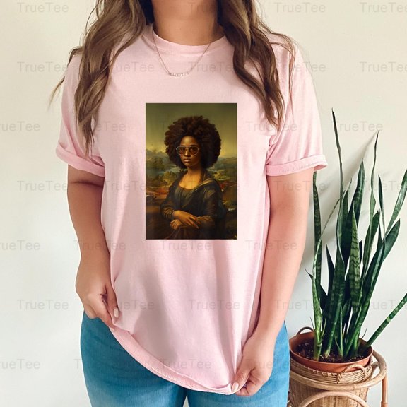 TrueTee10 Black Mona T-shirt with Afro Art Twist and Cultural Pride, for Unisex, up to size 5XL.