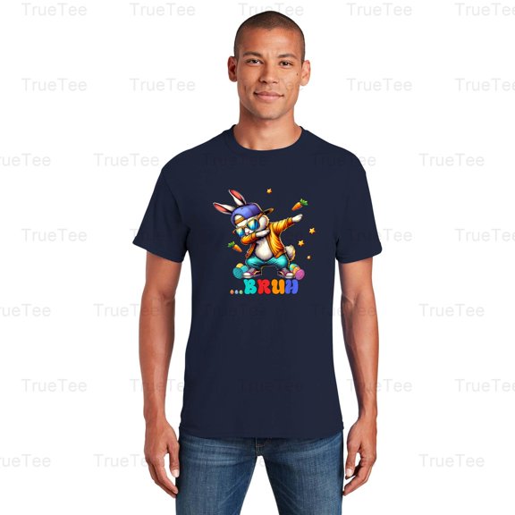 TrueTee10 Bruh Dab Bunny Easter Funny Kids Toddler Boys Mens Celebration Humor Dance Pose T-Shirt, for Unisex, up to size 5XL.