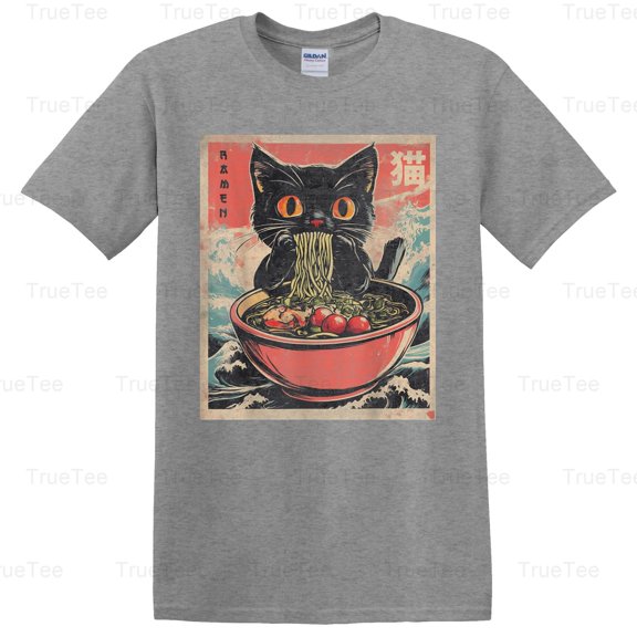 TrueTee10 Cat Ramen Japanese Funny Graphic Tees Kawaii Anime Gifts Cute Feline Food Design T-Shirt, for Unisex, up to size 5XL.